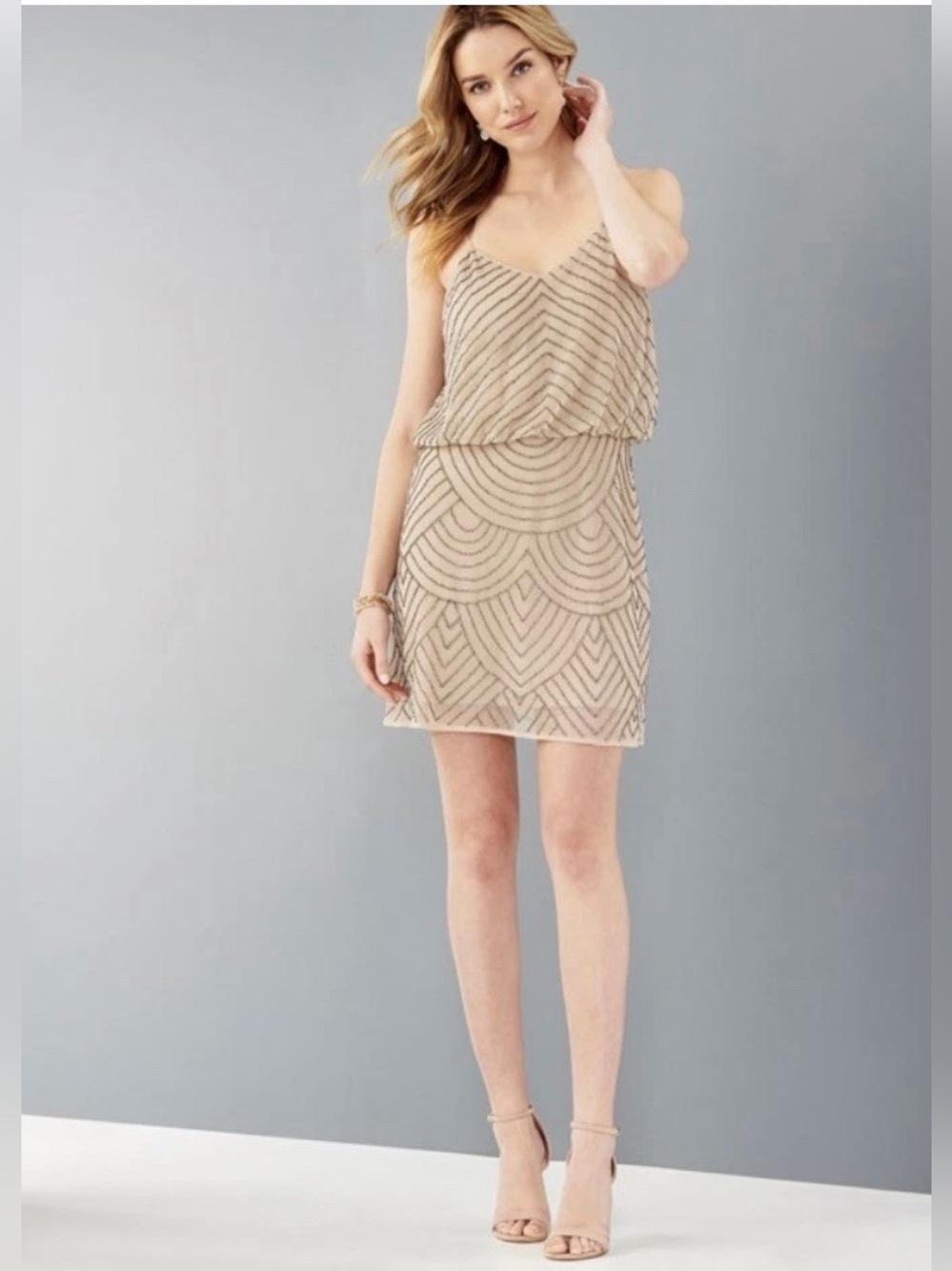 Adrianna Papell Blush Beaded V-Neck Midi Dress
